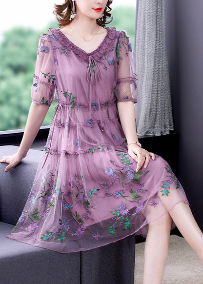 Purple Ruffled Tulle Patchwork Chiffon a Line Dress Half Sleeve