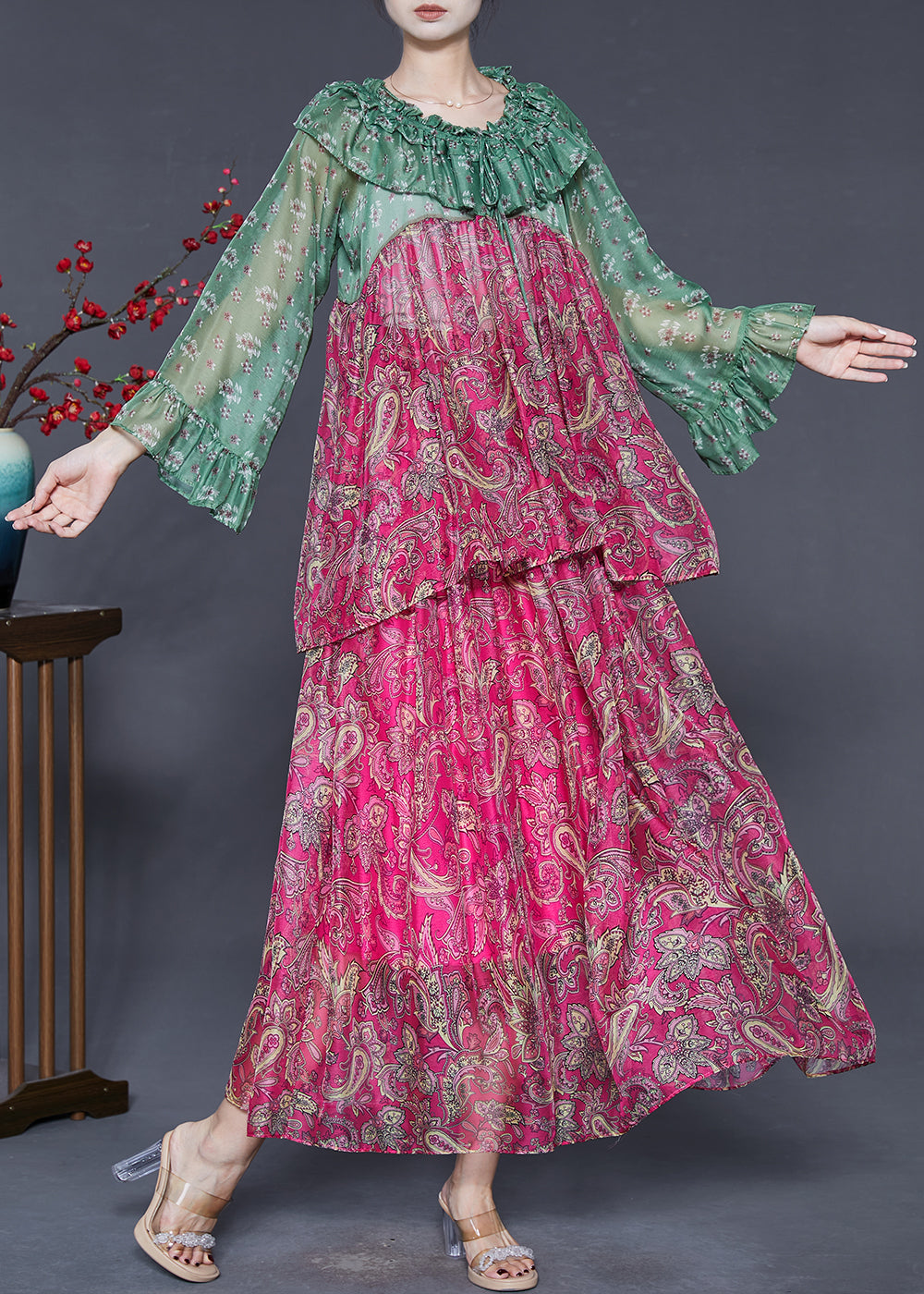 Rose Ruffled Patchwork Print Silk Two Pieces Set Fall
