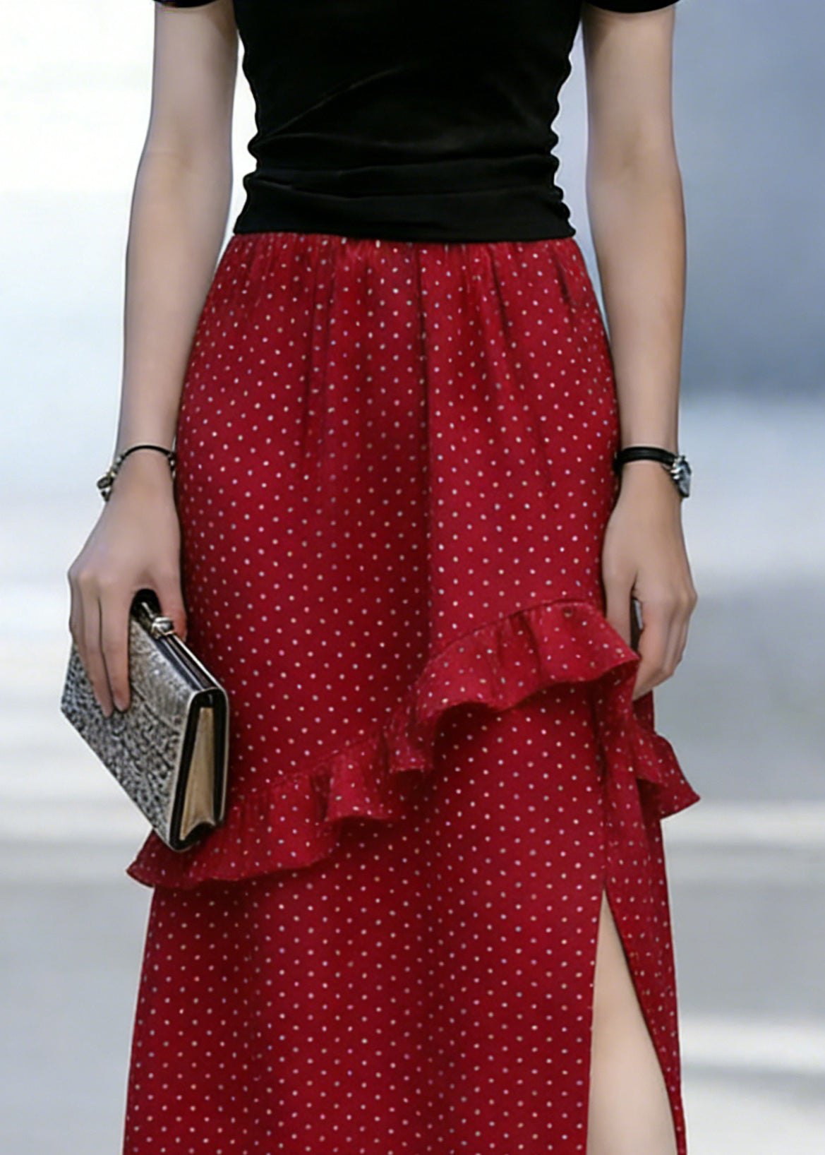 Red Dot Print Ruffled Side Open Chiffon Skirt