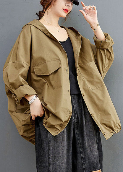 Diy Khaki Button Pockets Loose Fall Long Sleeve Coat