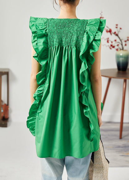 Modern Green O-neck Wrinkled Patchwork Ruffles Cotton Tops Sleeveless