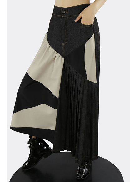 Apricot Elastic Waist Patchwork Pleated Skirts Spring