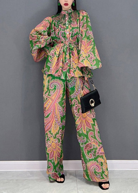 Stand Collar Wrinkled Print Chiffon Shirts and Wide Leg Pants Two Pieces Set Lantern Sleeve
