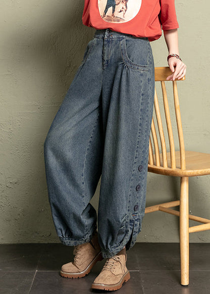 Blue Button Pockets Elastic Waist Jeans Spring