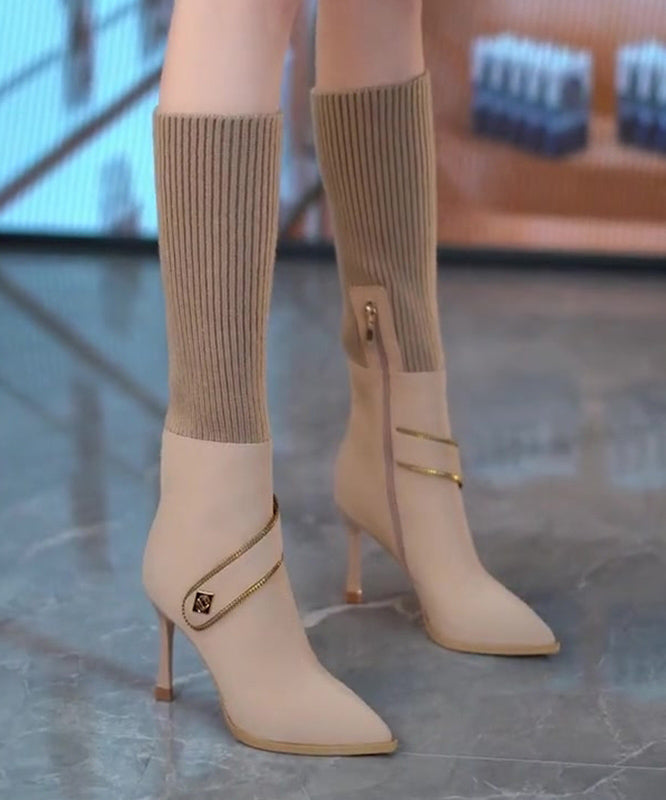 Coffee Elastic Knitting Splicing Faux Leather Heel Boots