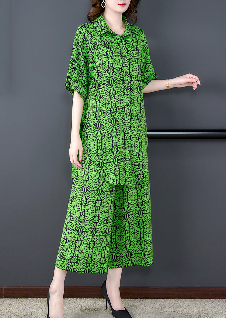 Green Print Tops and Pants Chiffon Two Pieces Set Summer