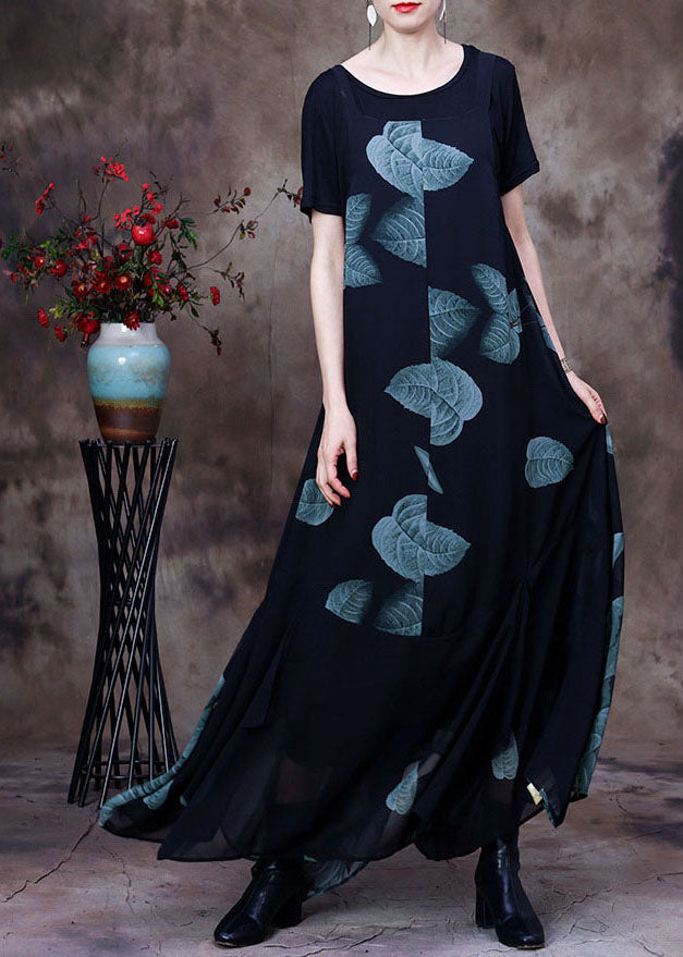 Black Asymmetrical Print Chiffon Strap Dress and Tanks Two Pieces Set Summer