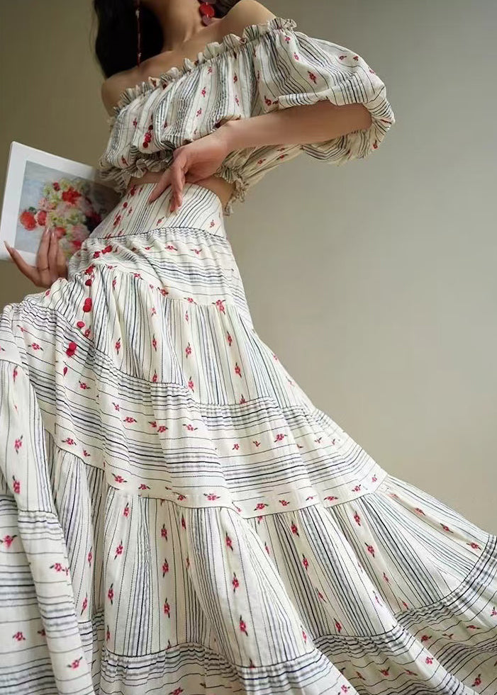 Striped Ruffled Print Tops and Skirts Cotton Two Pieces Set Summer
