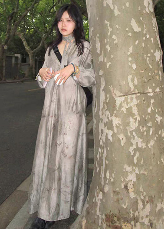Grey V Neck Print Patchwork Silk Holiday Maxi Dress Long Sleeve