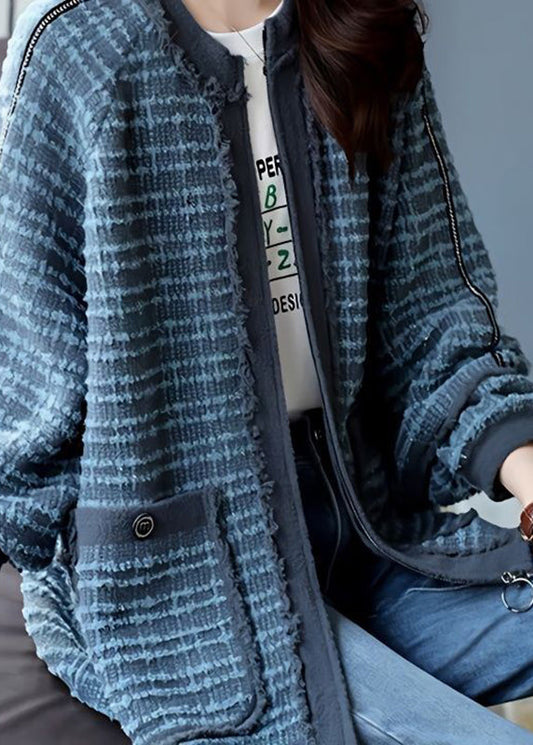 Handmade Blue O-neck Zippered Striped Patchwork Pockets Coats Long Sleeve