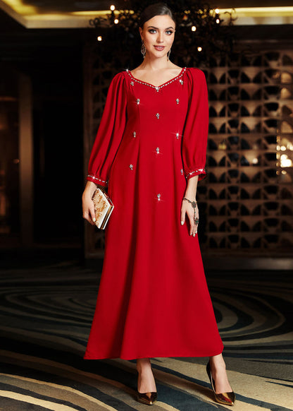 Wine Red V Neck Patchwork Zircon Chiffon Maxi Dress Long Sleeve