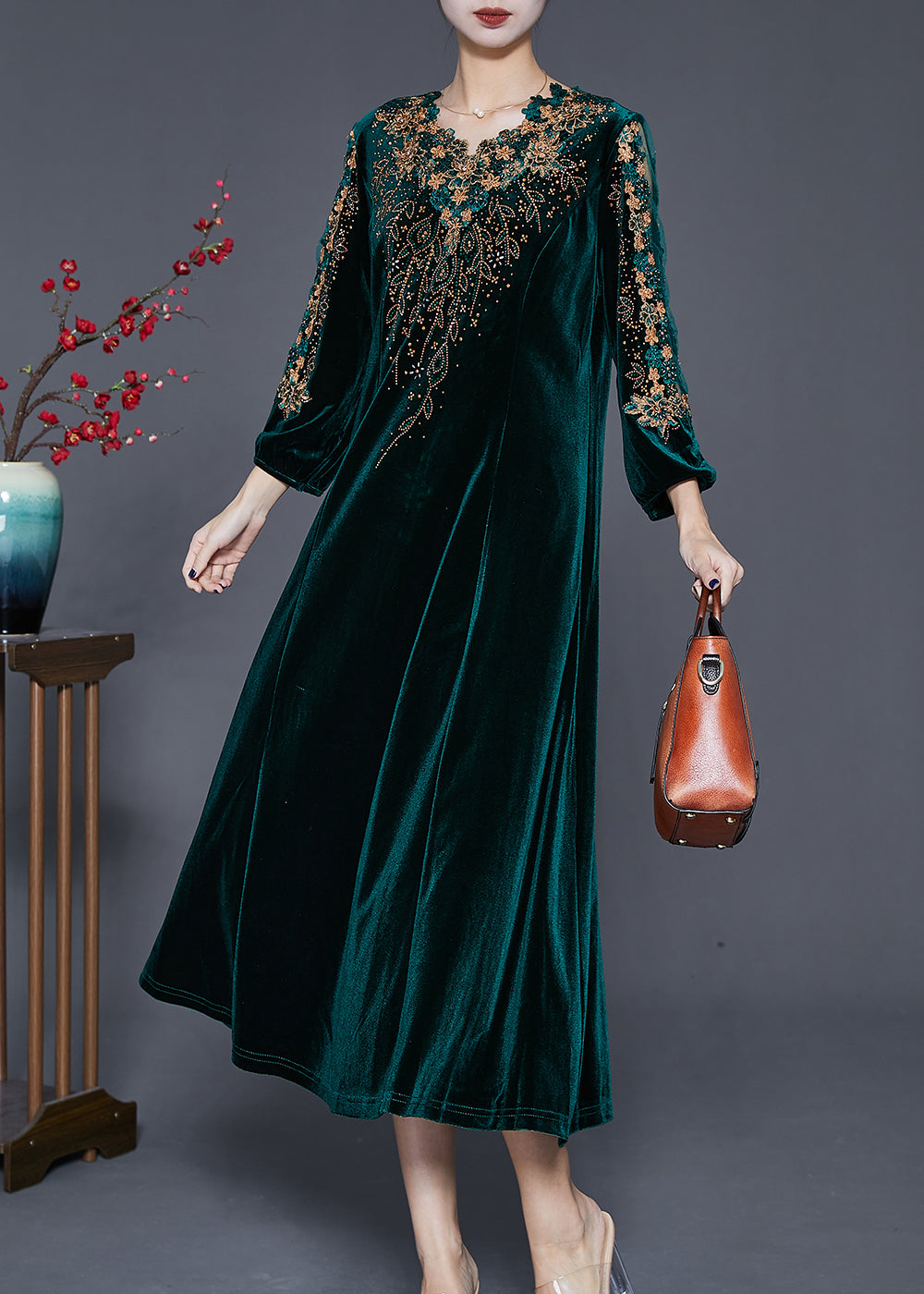 Blackish Green V Neck Zircon Silk Velour Maxi Dresses Fall