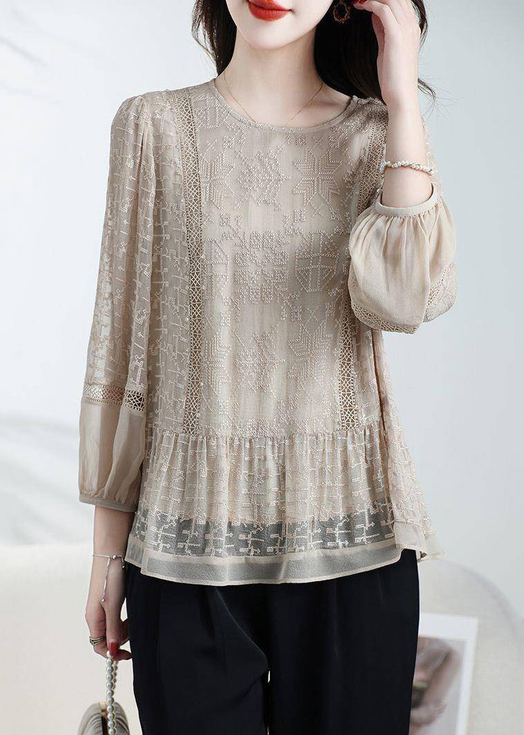 Loose Coffee O-neck Embroidered Patchwork Silk Top Bracelet Sleeve