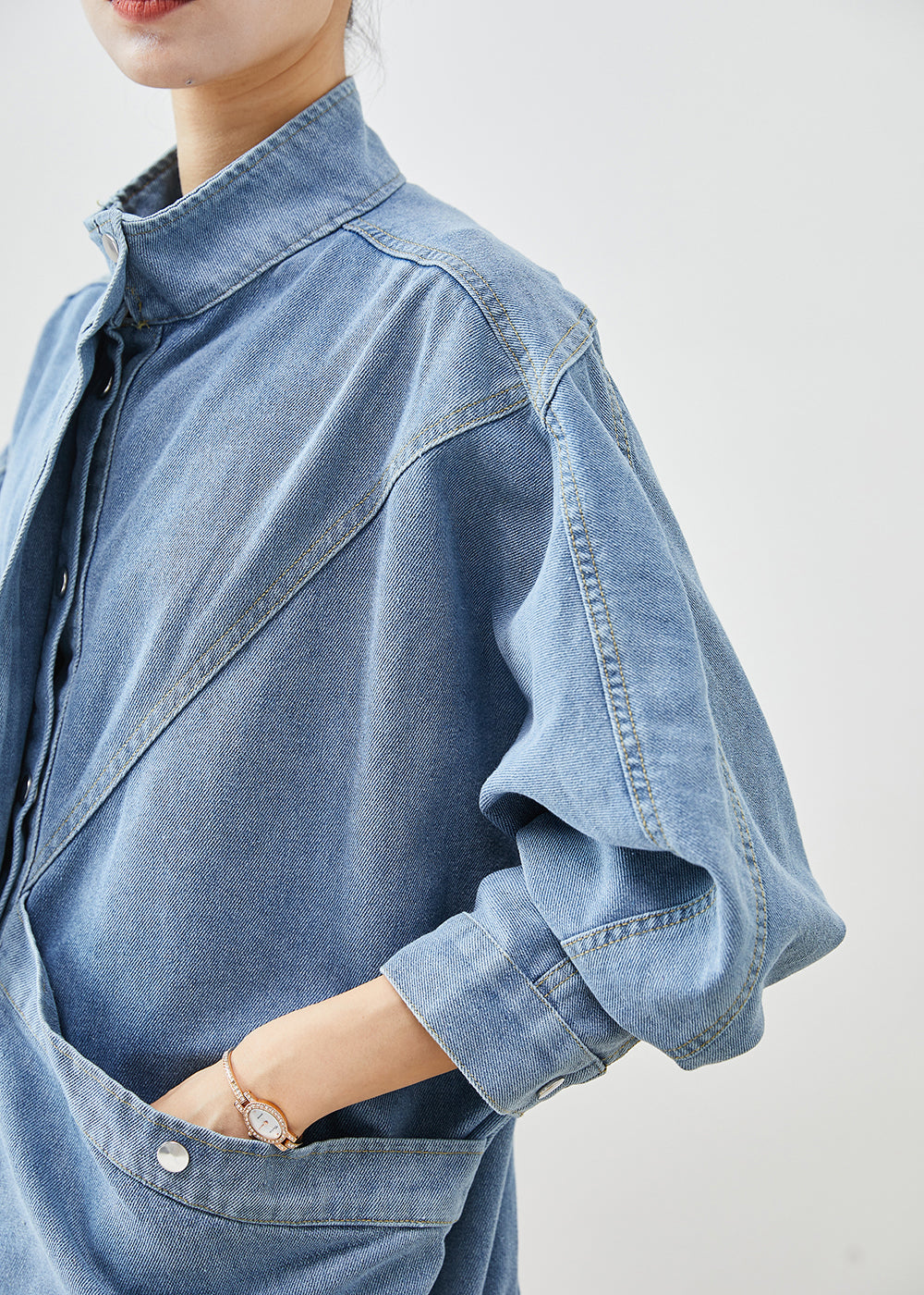 Blue Stand Collar Oversized Denim Coat Fall