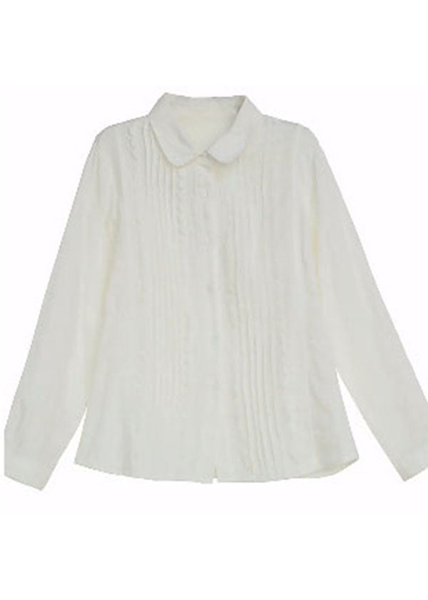 White Peter Pan Collar Lace Patchwork Wrinkled Cotton Shirt Top Spring