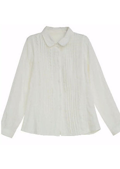 White Peter Pan Collar Lace Patchwork Wrinkled Cotton Shirt Top Spring