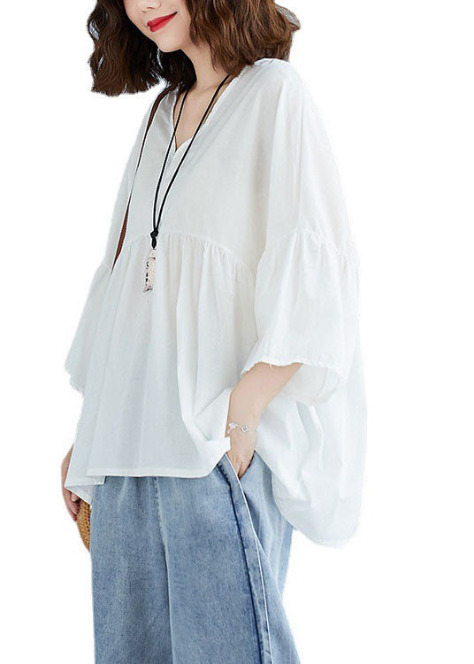 White V Neck Patchwork Loose Fall Tops Half Sleeve