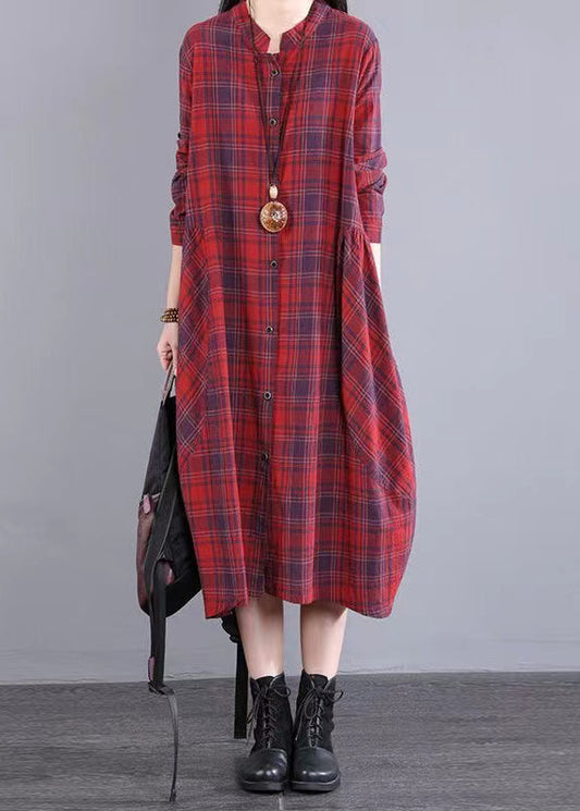 Red Stand Collar Plaid Cotton Shirts Dresses Fall