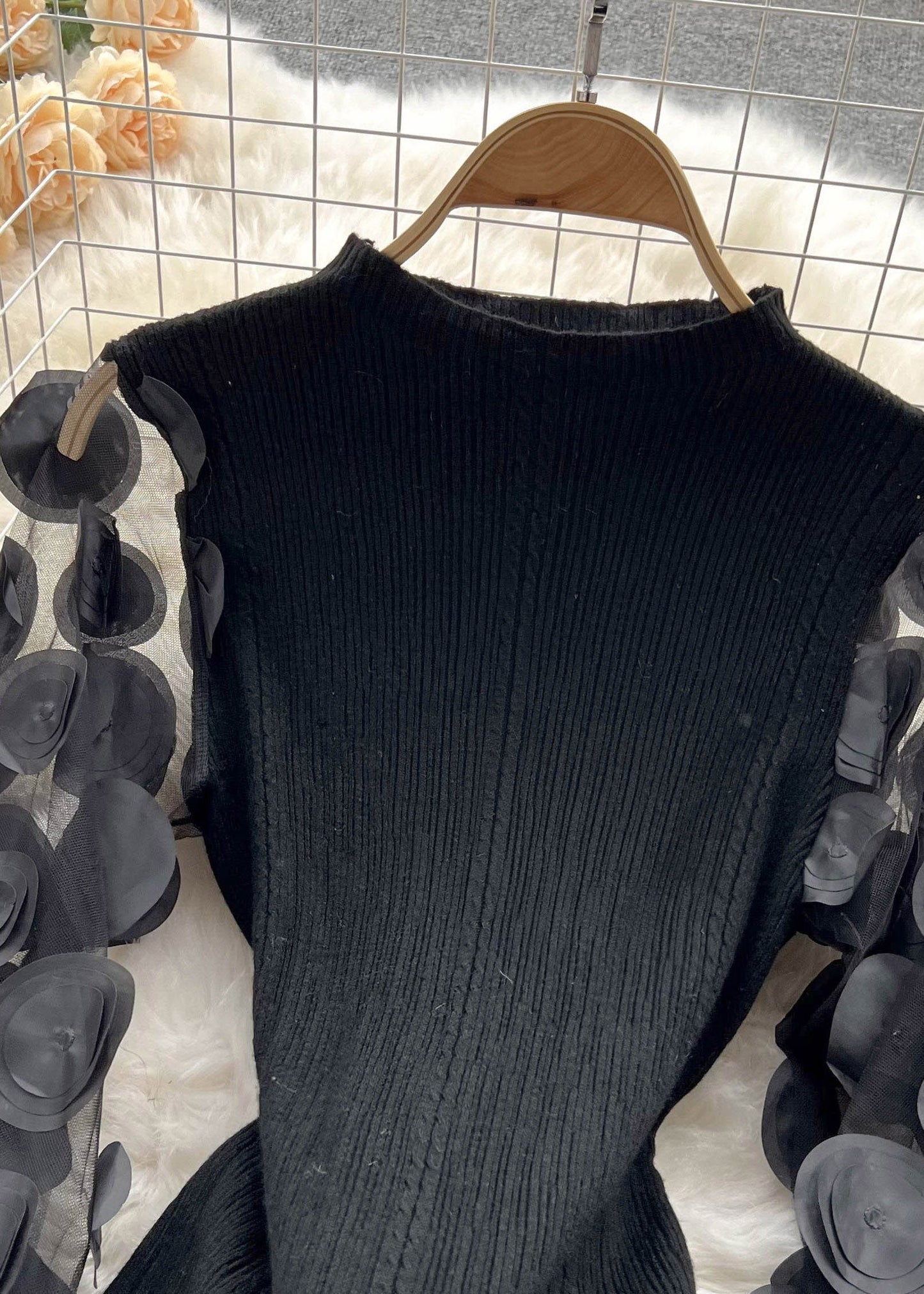 Natural Black O-neck Patchwork Tulle Top Puff Sleeve