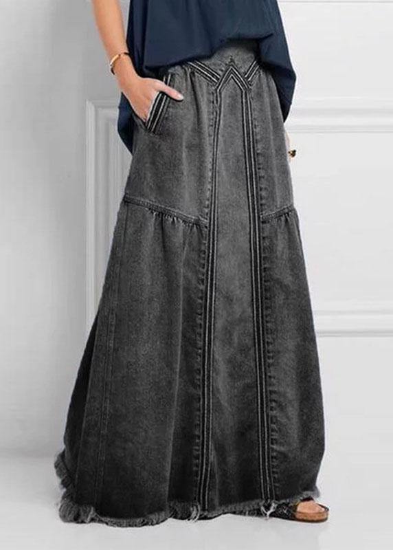 Distressed Color Elastic Waist Loose Denim Skirt With Pocket