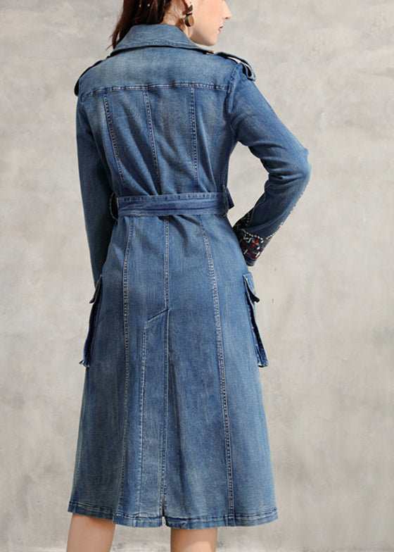 Simple Blue Peter Pan Collar Pockets Embroideried Double Breast Sashes Cotton Denim Trench Coats Spring
