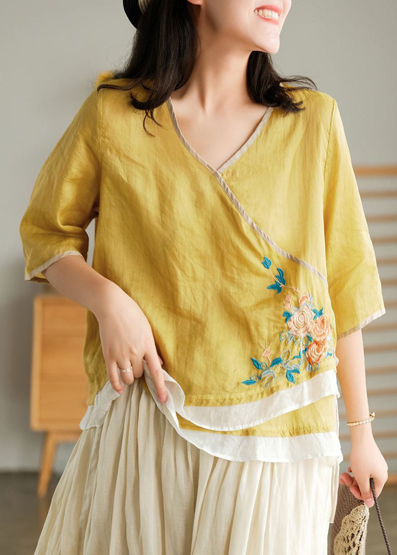 Yellow Embroideried Lace Up Linen T Shirt Half Sleeve