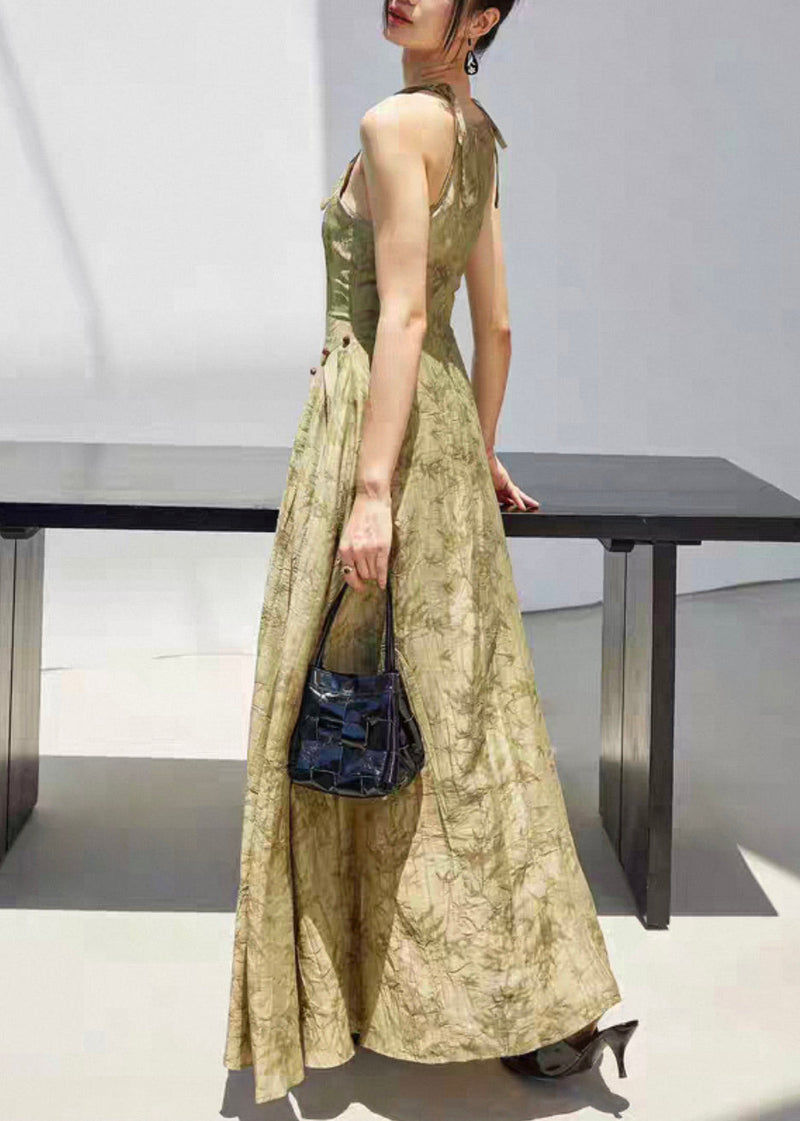 Stylish Green Print Lace Up Linen Spaghetti Strap Dress Sleeveless