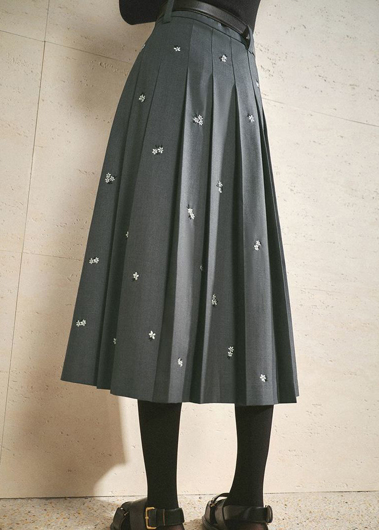 Grey Embroideried Cotton Pleated Skirt Spring