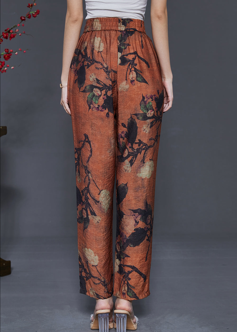 Handmade Orange Oversized Print Linen Pants Summer