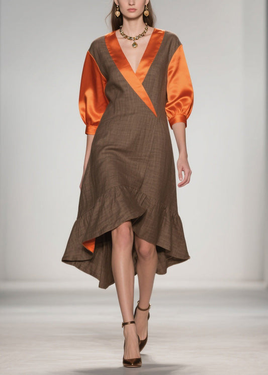 V Neck Ruffled Silk Patchwork Cotton Dresses Summer
