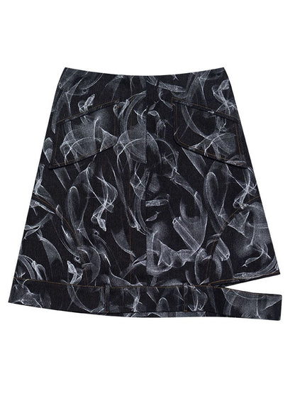 Style Black High Waist Hollow Out Print Cotton Denim a Line Skirts Summer