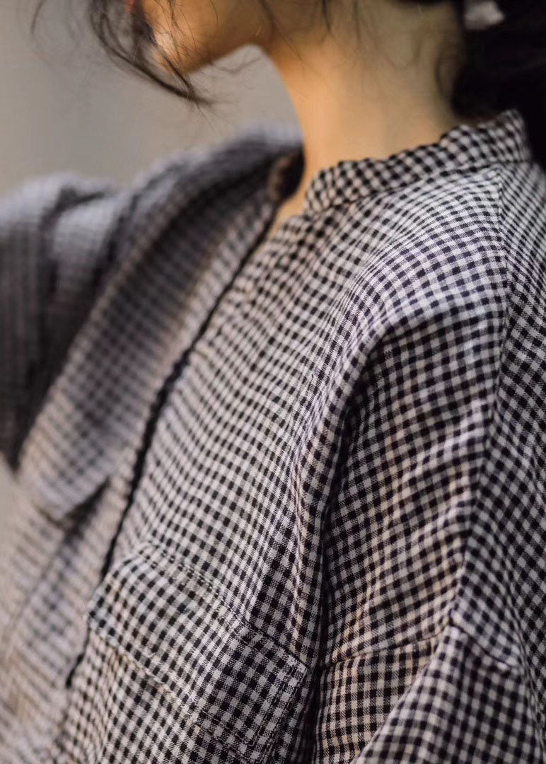 Fitted Large Lattice V Neck Button Loose Linen Shirt Spring