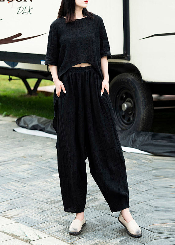Black Low High Design Linen Tops and Crop Pants Two Pieces Set Summer