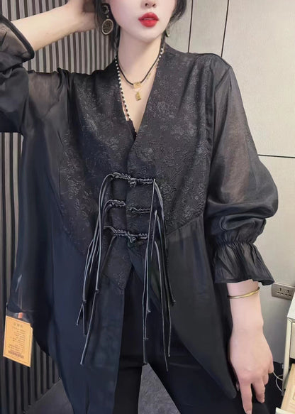 Black Tasseled Chinese Button Patchwork Chiffon Shirt Tops Fall