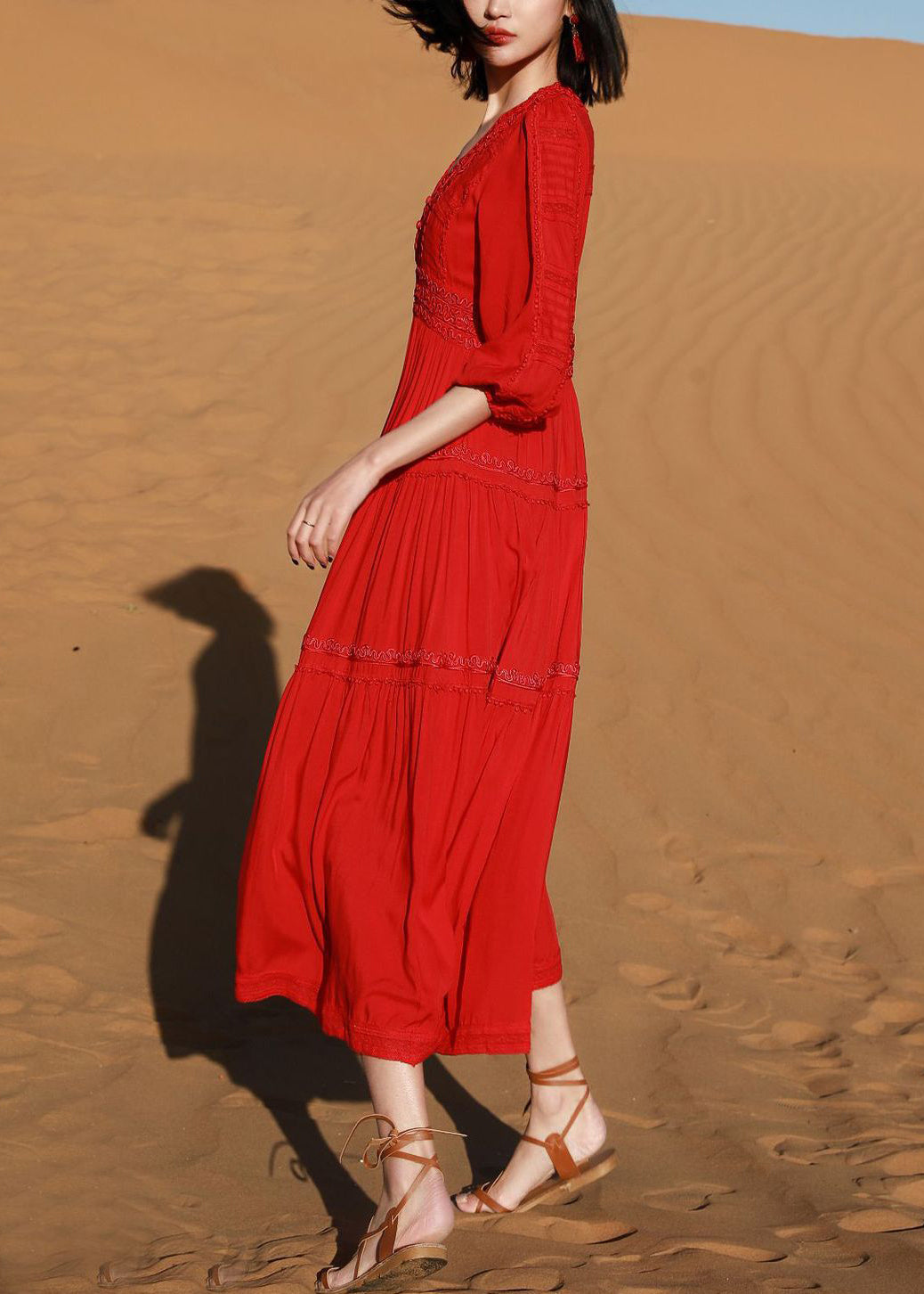 Red V Neck Embroidered Cotton Long Dresses Bracelet Sleeve