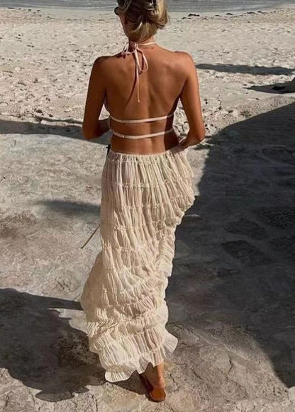 Beige Ruffled Lace Up Chiffon Two Pieces Set Sleeveless