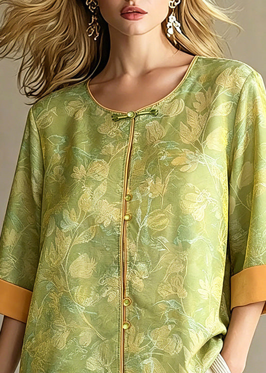 Retro Green Button Jacquard Silk Shirts Three Quarter Sleeve
