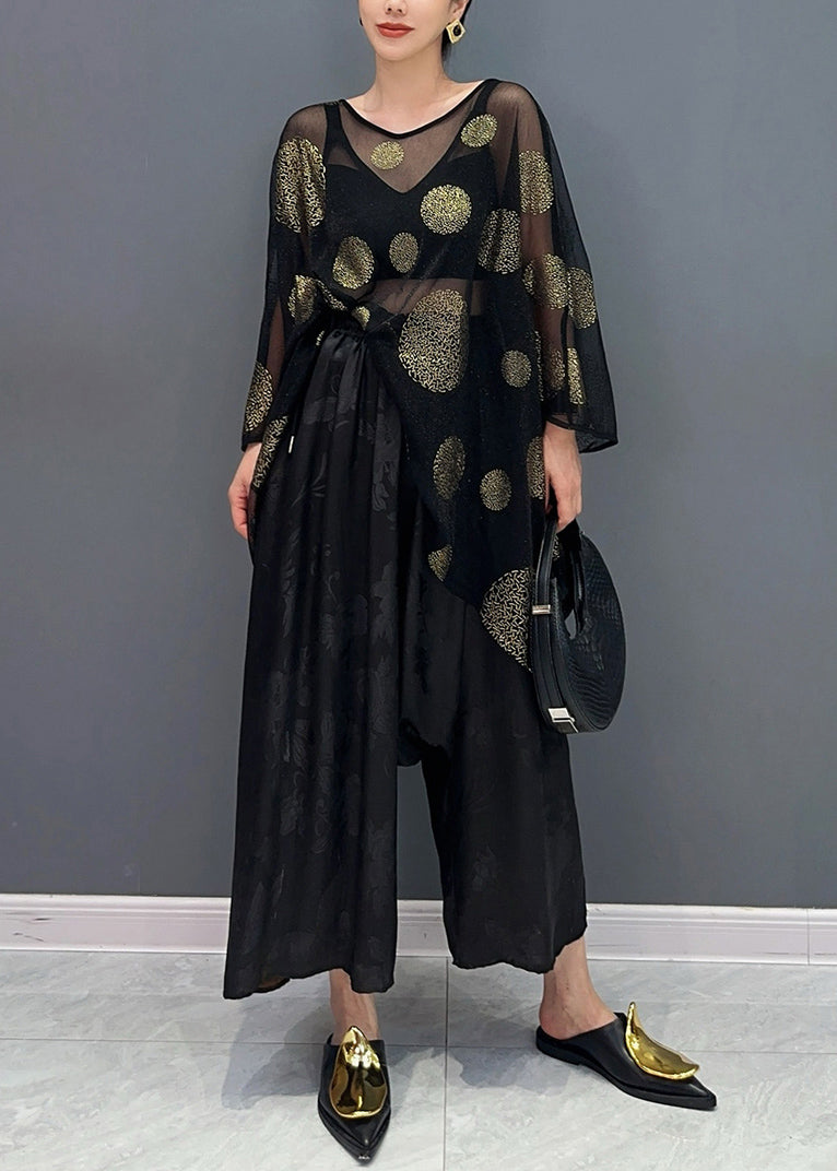 Black Print Silk T Shirts and Crop Pants Two Piece Set Bracelet Sleeve