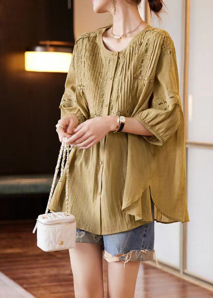 Mulberry O-neck Patchwork Wrinkled Shirts Bracelet Sleeve