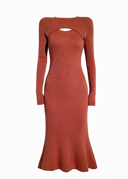 Slim Fit Red O-neck Asymmetrical Wraped Knit Sweater Long Dress Long Sleeve