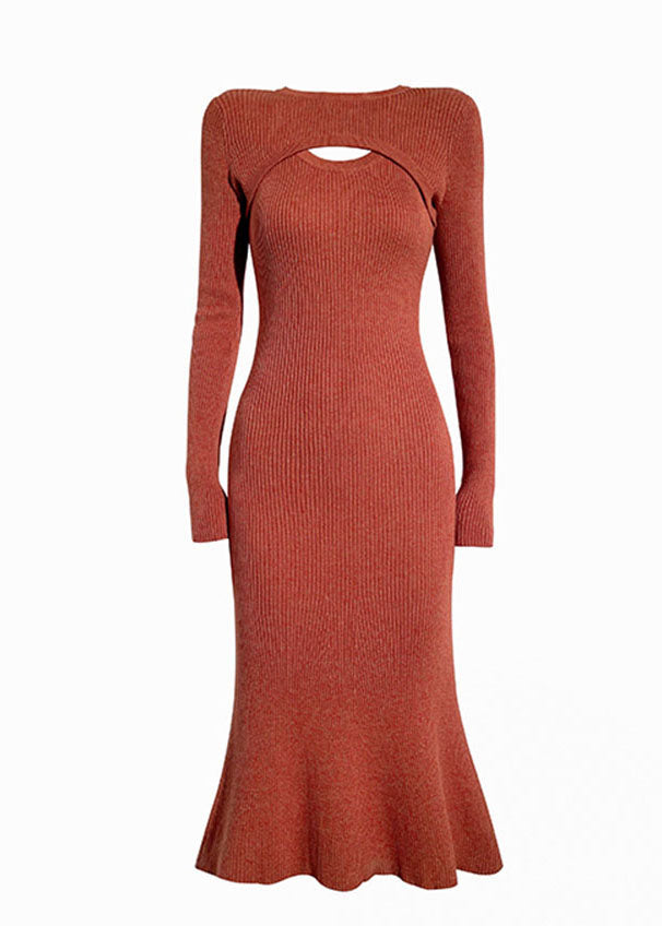 Slim Fit Red O-neck Asymmetrical Wraped Knit Sweater Long Dress Long Sleeve