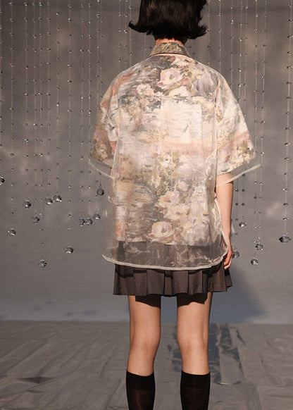 Boutique Peter Pan Collar Lace Up Patchwork Organza Shirt Summer