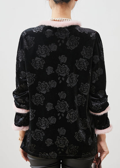 Black Jacquard Patchwork Oriental Silk Velour Shirt Tops Spring