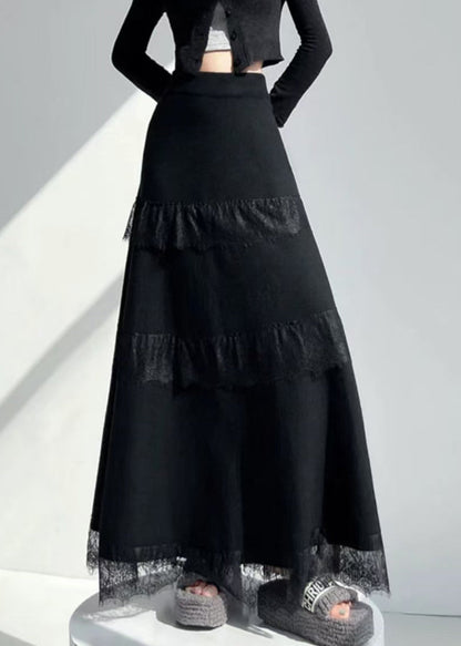 New Black Original Design Lace Patchwork Knit a Line Skirts