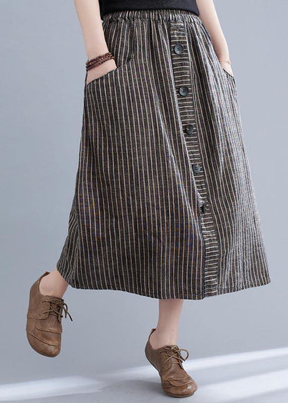 Style Brown Stripedbutton Cottonlinen Skirts Summer