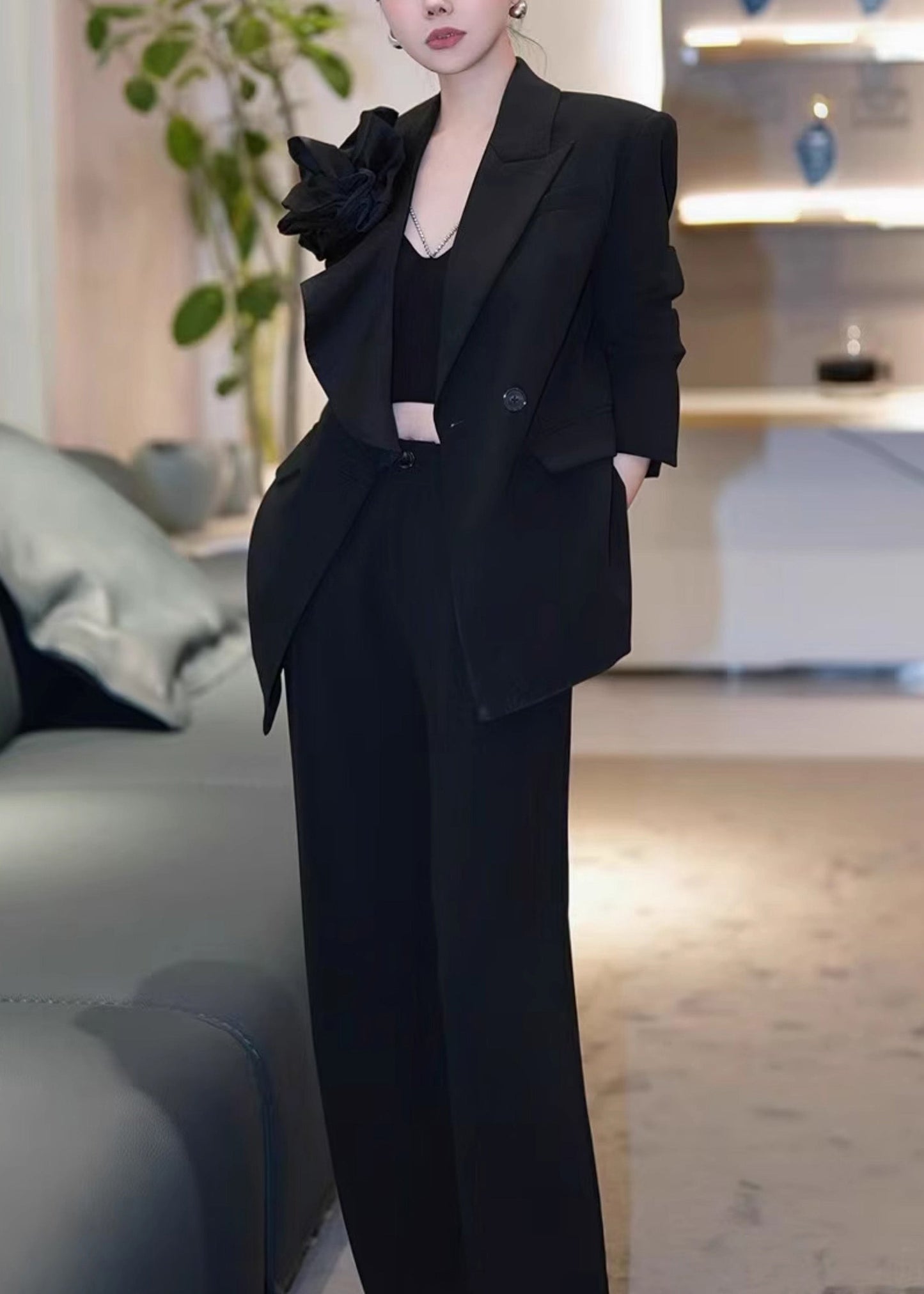 New Black Suit Coat and Pants Sets 2 Pieces Fall