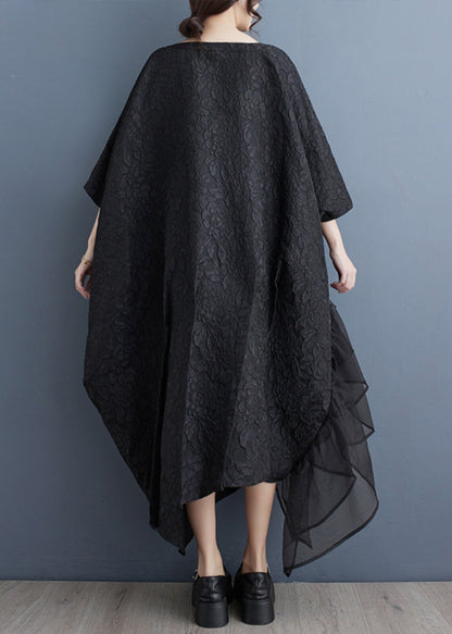 Black O-neck Patchwork Cotton Long Dresses Batwing Sleeve