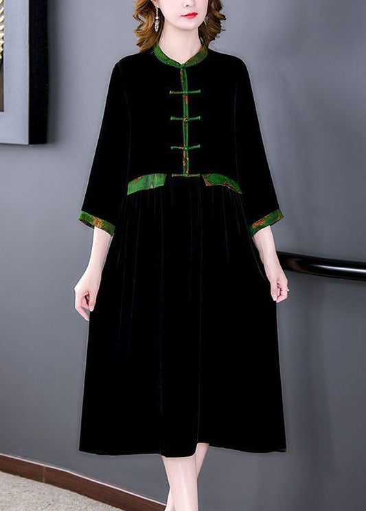 Black Stand Collar Patchwork Oriental Button Silk Velour Dress Bracelet Sleeve