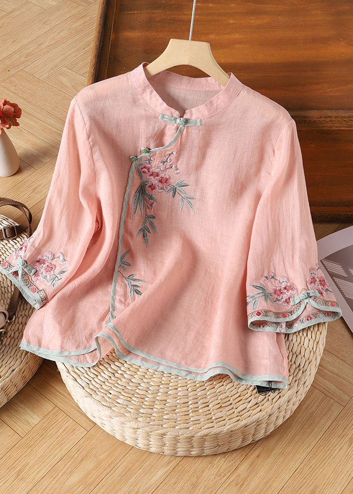 Chinese Style Apricot Stand Collar Embroidered Tops Spring