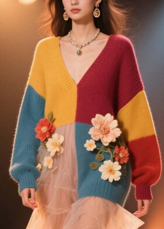 Colorblock V Neck Knit Sweater Dress Fall